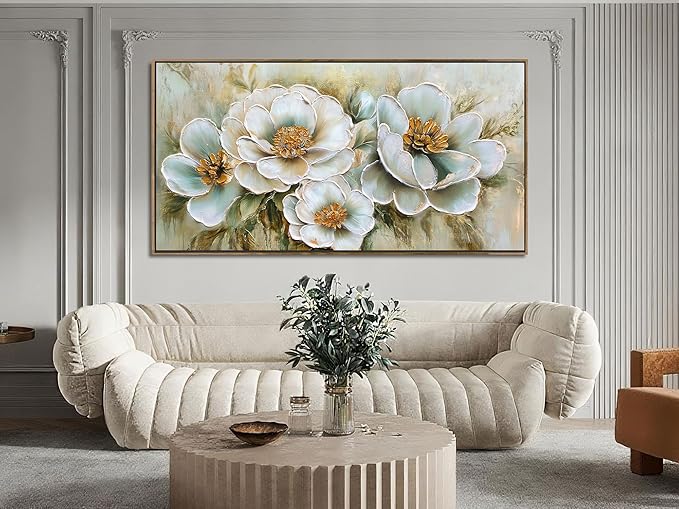 Arjun Framed Canvas Wall Art for Bedroom, Large Wood Frame Vintage Flower Painting Living Room Textured Artwork Gold Picture Bloosom Dining Room Kitchen Home Office Wall Decor, 48"x24"