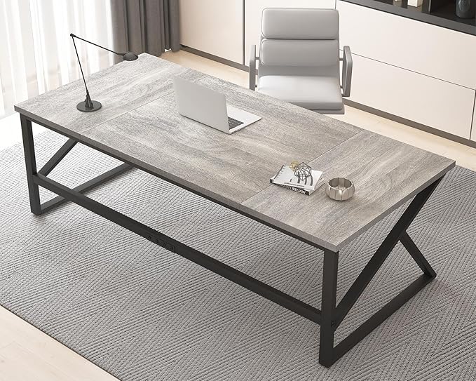 HSH 70 Inch Long Grey Desk, Large Home Office Computer Desk for 2 People, Industrial Wood and Metal Executive Work Writing Study Gaming Desk Table, Modern Bedroom Simple PC Laptop Desk Double Desk