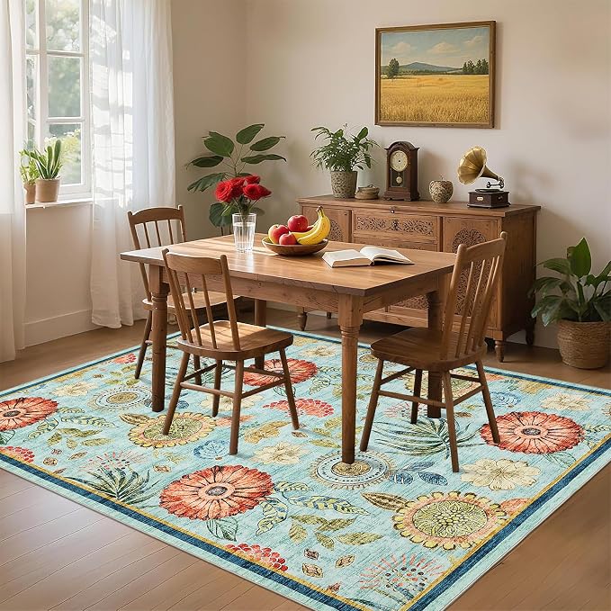 5x7 Washable Area Rug Non Slip Living Room Rugs Modern Floral Small Rug Non Shedding Soft Bedroom Floor Carpet Low Pile Thin Boho Botanical Floral Accent Carpet for Nursery Kitchen Office, Blue