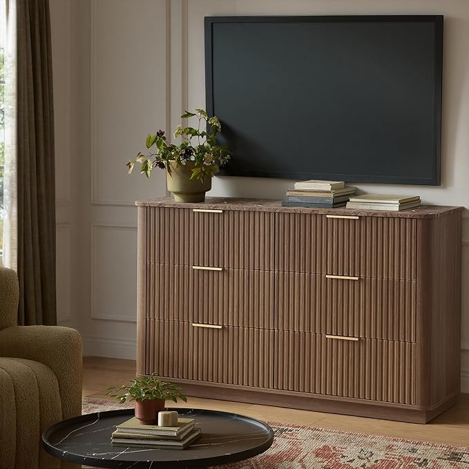 win2win 6 Drawer Dresser, Mid Century Modern Dresser with Storage, 47" Wide Fluted Chest of Drawers with Faux Marble Top, Dressers TV Stand, Drawers Organizer for Bedroom, Living Room, Hallway, Walnut