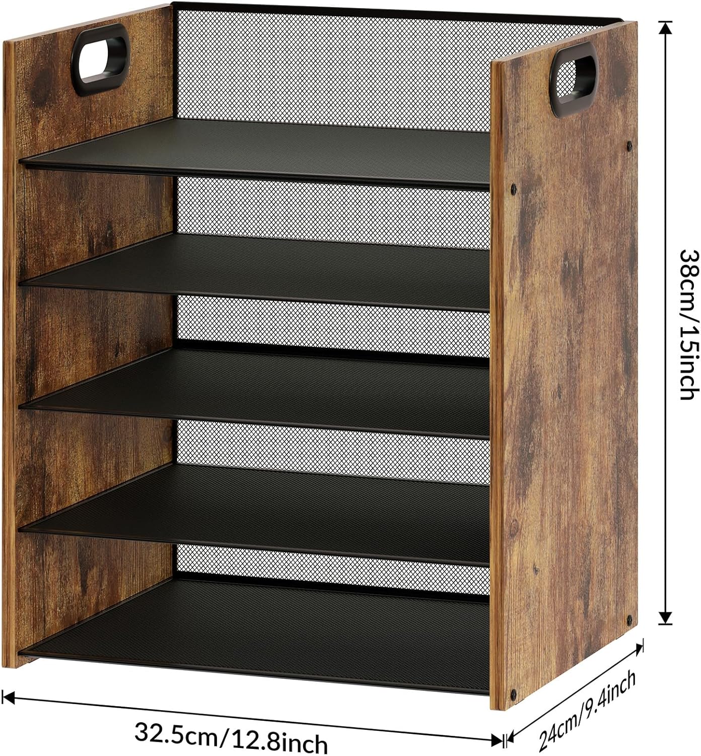 5 Tier Wood Paper Organizer - Metal Office Organizer with Handle | Mesh File Holder for Home & School