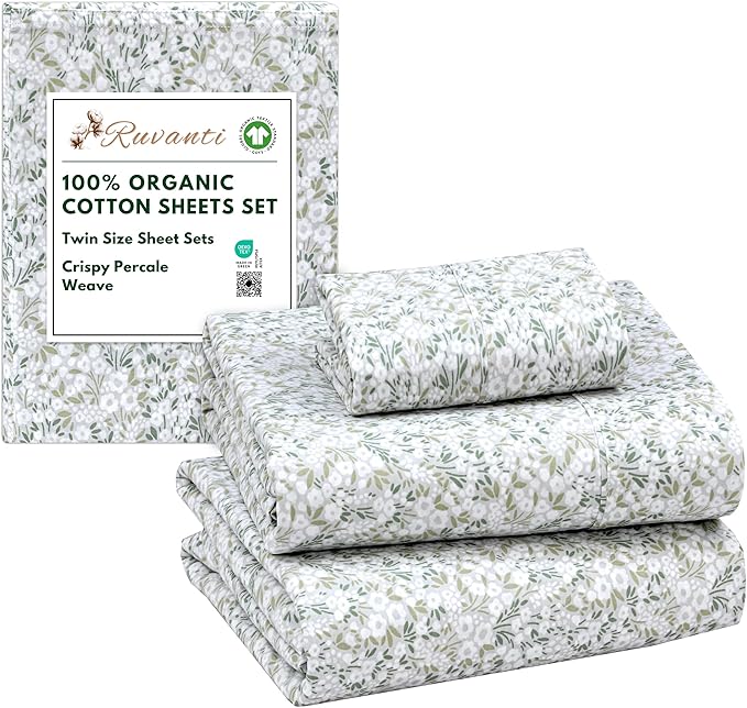 RUVANTI 100% Organic Cotton Sheets Twin Size, Percale Weave, GOTS Certified, 3-Piece Set, Deep Pocket 15", Crisp & Breathable, Soft Durable Bedding, Sábanas Algodón Orgánico – Floral Rush
