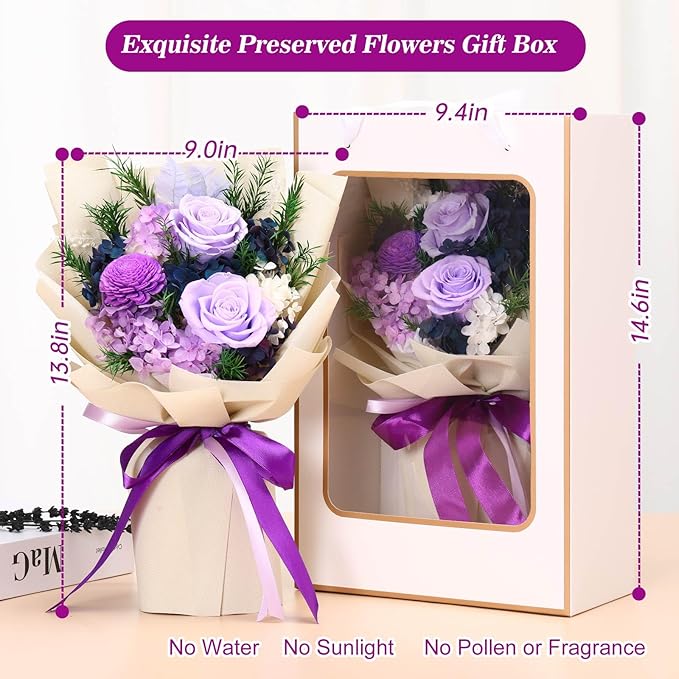 Jtoder Forever Flowers for Delivery, Preserved Blue Flower Bouquets, Long Lasting Purple Roses, Gifts Bouquet for Mother Wife Girlfriend on Festivals Birthday Anniversary
