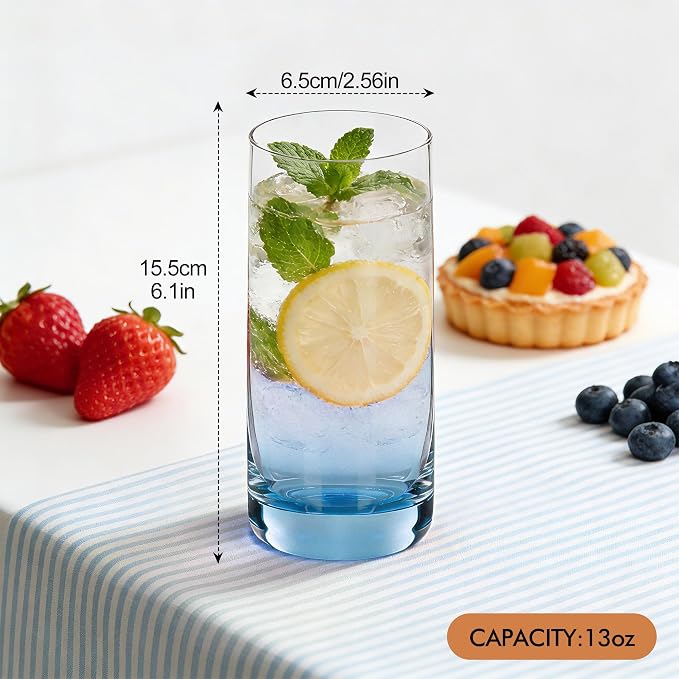 Blue Highball Glasses Set of 6,13oz Drinking Glass Cups for Mixed Drink Cocktail, Beer, Mojito, Water and Juice,Thick Tall Crystal Glassware for Kitchen, Restaurant, Home Bar and Parties