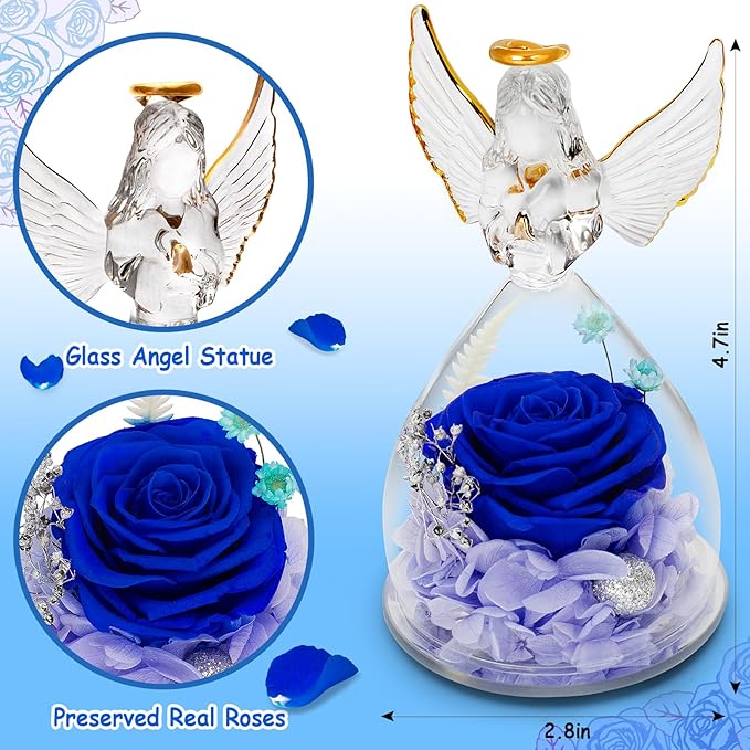 Lurlin Birthday Flowers for Women: Preserved Rose Gift for Mom, Grandma, Wife, Friend, Nurse; Glass Angel Figurines with LED Light