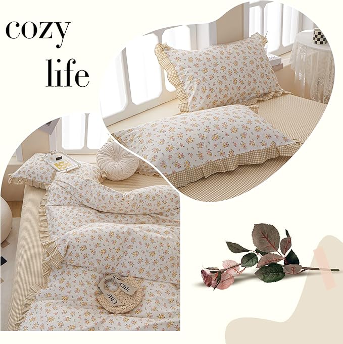 VM VOUGEMARKET Reversible Ruffle Comforter Set Queen,3 Pieces Shabby Chic Coquette Cottagecore Yellow Pink Flower Comforter with 2 Lace Pillow Shams,Queen Size