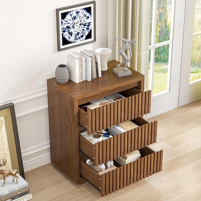 Fluted 3 Drawer Dresser, Mid Century Small Dresser for Bedroom, Wood Chest of Drawers, Modern Closet Clothes Organizer, Walnut Wooden Storage for Living Room, Brown