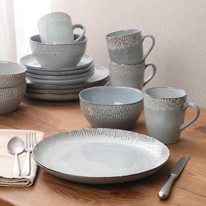 Gibson Elite Jasper 16 Piece Plates and Bowls Reactive Glaze Dishes Stoneware Ceramic Dinnerware Set - Service for 4 - Grey