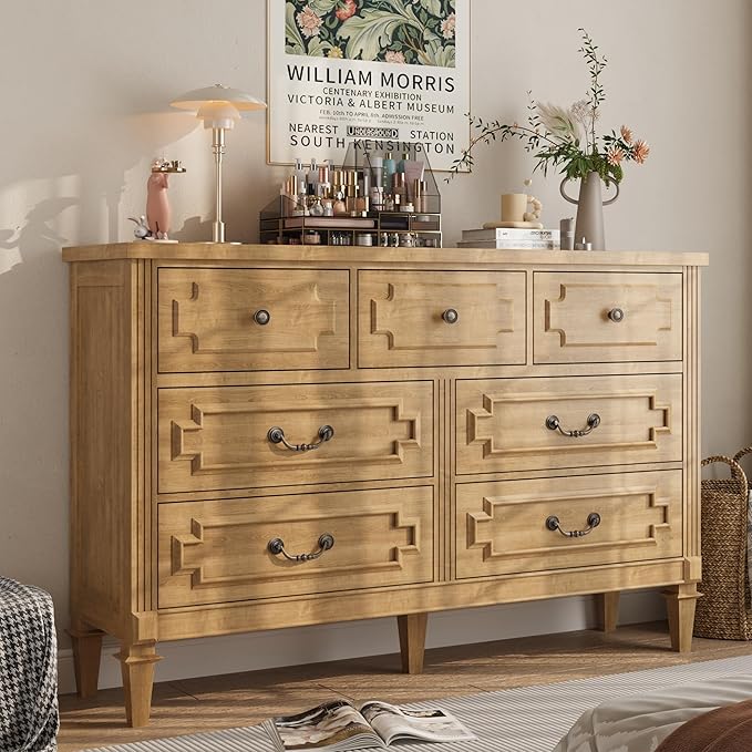 BLANKSPACE 7 Drawer Dresser for Bedroom, 36" Tall Dresser & Chest of Drawers wtih Vintage Surface, Closet Storage Cabinet for Living Room, Hallway, Natural Oak