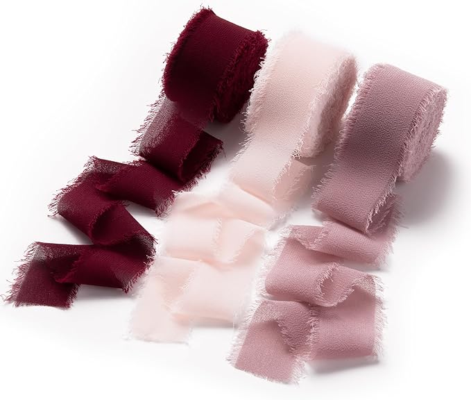 DORIS HOME Burgundy and Pink Chiffon Ribbon for Flower Bouquet, 1" x21Yd Fabric Ribbon for Gift Wrapping, Handmade Frayed Ribbon for Wedding Invitations/Christmas Decorations