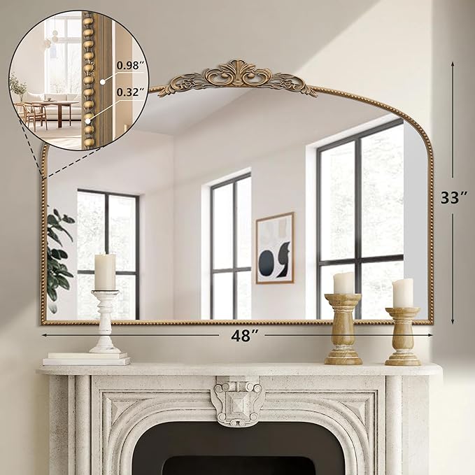 Micasso Large Vintage Gold Mirror: 48"x33" French Baroque Antique Arched Mirror - Traditional Ornate Decorative for Wall/Fireplace/Mantel/Entryway/Bathroom/Hallway - Home Decor for Living Room