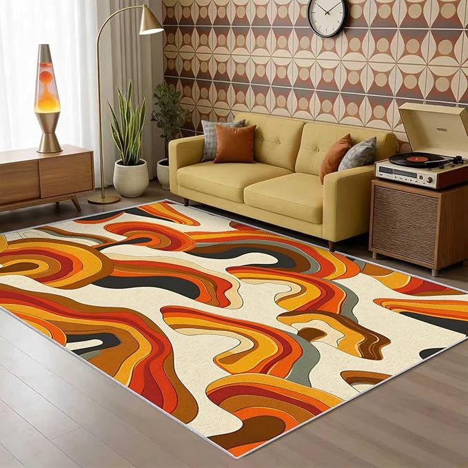 70s Retro Rug Square 8x8 Psychedelic Funky 1970s Abstract Pattern Area Rugs for Living Room, Bedroom, 70s Retro Home Decor Accessories Indoor Carpet, Non Slip & Machine Washable, GD0342
