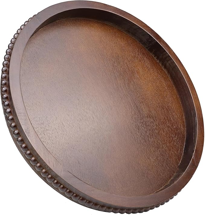 Hrastany Wood Decorative Serving Tray with Bead, Round Vintage Wooden Ottoman Tray for Home Centerpiece, Counter Organizer, 13” Circle Tray for Kitchen, Living Room (Dark Brown)
