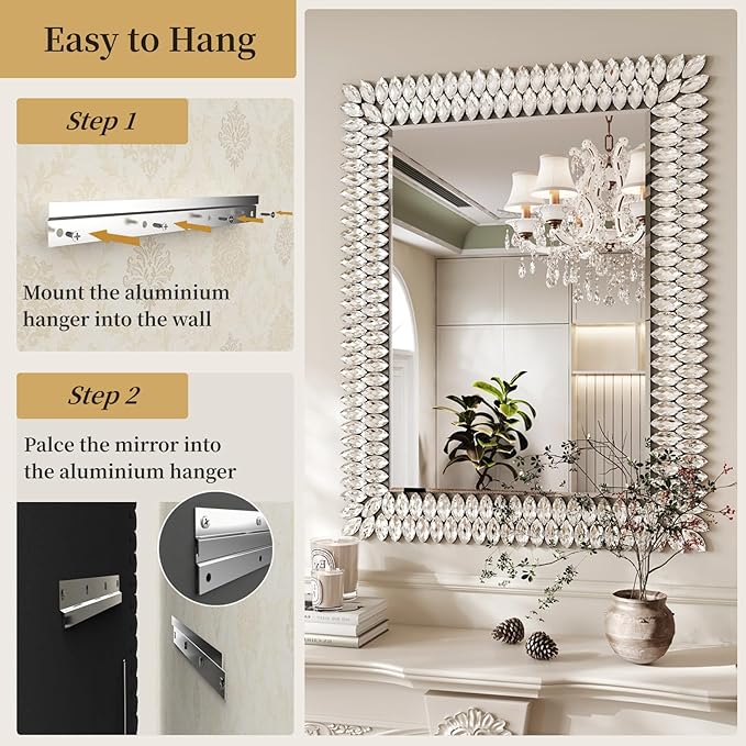 Kelly Miller 30"x40" Jeweled Bathroom Wall Mirror, Large Rectangle Decorative Mirror Luxury Vanity Mirror with Diamonds for Master Bath Half Bath Living Room Bedroom Fireplace Mantle Entryway