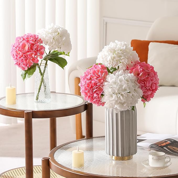 4Pcs Hydrangea Artificial Flowers, 22.44" Real Touch Latex Faux Hydrangea with Long Stems & Leaves for Home Office Decor or Wedding, Party, Centerpieces, Floral Arrangements (White&Pink)