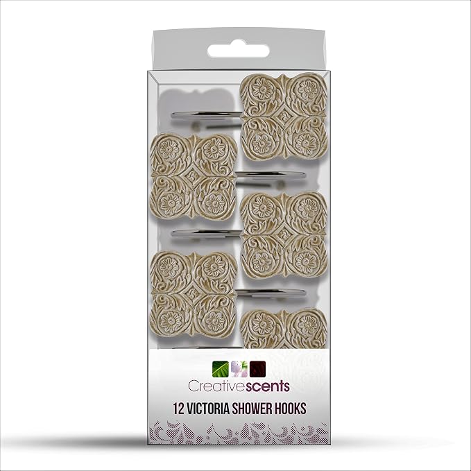 Creative Scents Victoria Shower Curtain Hooks - Set of 12 Beige Shower Curtain Rings for Bathroom Shower Rod - Decorative Bathroom Accessories Decor Shower Hooks for Shower Curtain