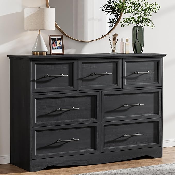 Black Dresser for Bedroom, Modern 7 Chest of Drawers, 47" Wide Chest of Drawers w/Brushed Metal Handle, Wood Closet Organizers and Storage Cabinet for Bedroom, Living Room, Hallway