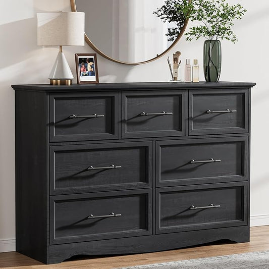 Black Dresser for Bedroom, Modern 7 Chest of Drawers, 47" Wide Chest of Drawers w/Brushed Metal Handle, Wood Closet Organizers and Storage Cabinet for Bedroom, Living Room, Hallway