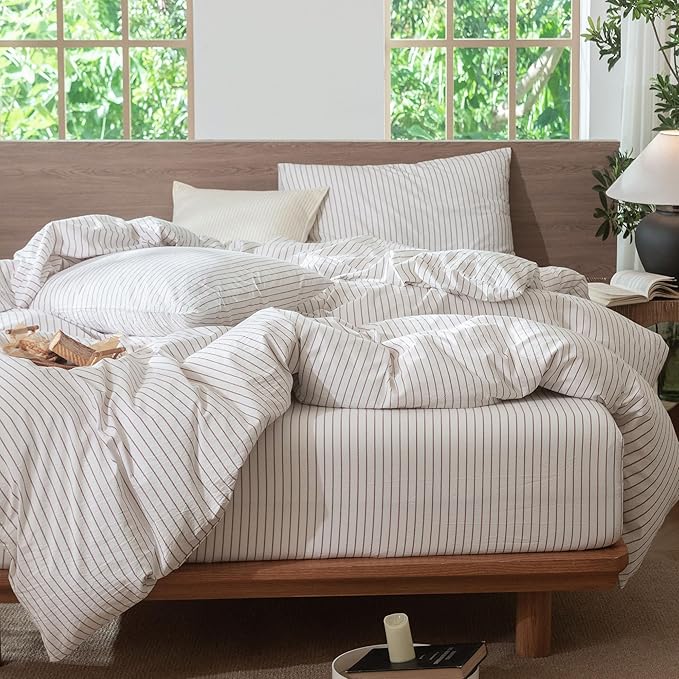 MooMee Striped Duvet Cover Set 100% Washed Cotton Linen Like Textured Breathable Durable Soft Comfy (White Orange Wide Stripes, Super Queen 90"x98")