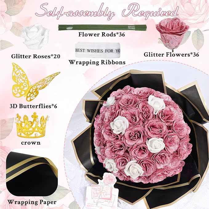 36+20 Glitter Roses Bouquet, DIY Fake Flowers Bouquet, Craft The Initials of Your Loves' Name with Artificial Rose for Valentines, Anniversary, Wedding, Rose Gold & White