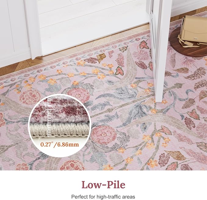 AMTOVO 9x12 Washable Area Rugs for Living Room, Non-Slip&Non-Shedding Floral Large Soft Boho Vintage Print Carpet for Bedroom Girls Room Dorm Dining Room Farmhouse Nursery Home Office, Pink