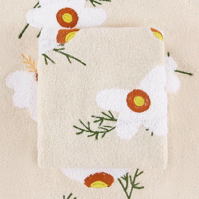 Quera 2 Pack Hand Towels Spring Summer Beige Embroidered Flower Daisy Farmhouse Boho Cotton Bathroom Decorative Towels Set for Bath Kitchen Home Decor Gifts, 13.7'' x 29.5''