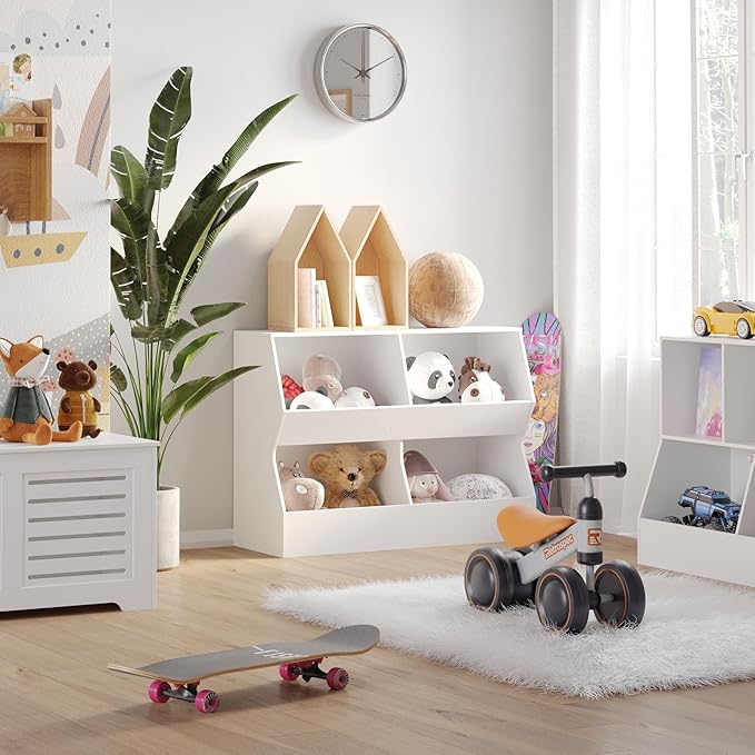 DINZI LVJ Kids Bookshelf, Toy Storage Organizer, Wooden Toy Cabinet, 4 Cubby Children Bookcase, 39.4" L Toddler Book Shelf for Bedroom, Nursery, Hallway, School, White