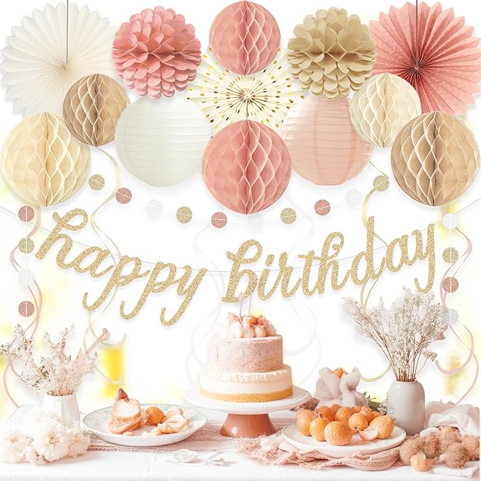Boho Pink Happy Birthday Decorations, Pre-Strung Happy Birthday Banner with Honeycomb Balls, Paper Flowers, Lanterns, Fans, Hanging Swirls, Circle Dots Garland for Birthdays Party Decorations 24pcs