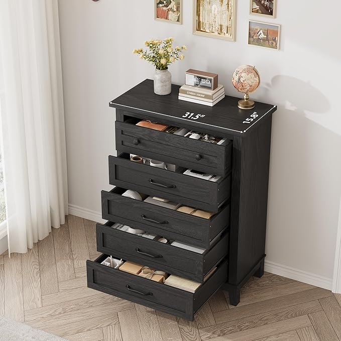 GarveeHome 5 Dresser for Bedroom, 41.3 in Tall Vertical Drawer Dresser with Large Storage, Freestanding Wooden Closet Chest for Bedroom, Living Room, Black