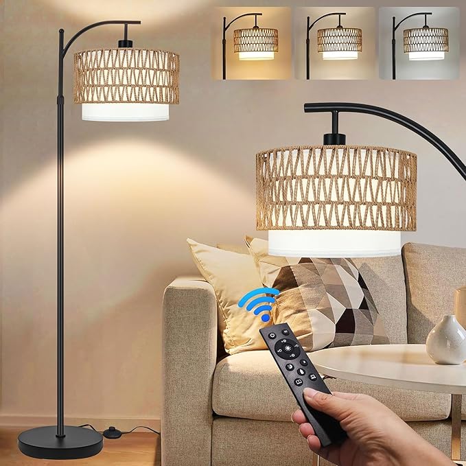 ZECOXOL Arc Floor Lamp for Living Room Boho Floor Lamps with Remote Control & with 3 Color Temperatures,Rattan Wicker Standing Lamp Dimmable Tall Floor Lamp for Bedroom Living Room Corner
