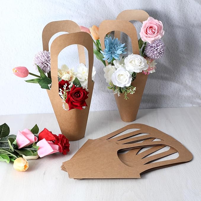 Yuanan 50 Pack Flower Bouquet Wrapping Paper Bags with Handles, Kraft Flower Bar Supplies for Weddings, Birthdays, Events-Flower Bouquet Holders for-Bouquet Bar