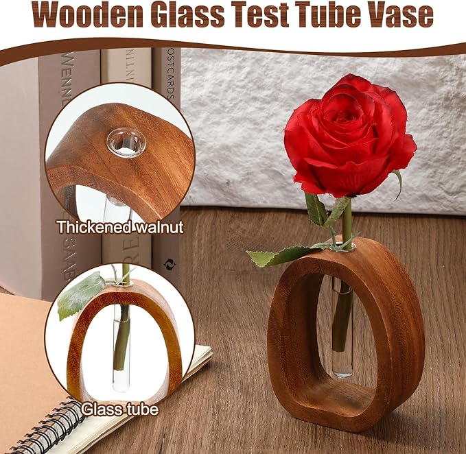 Solid Wood Frame Glass Test Tube Vase Desk Hydroponic Plant Modern Wooden Glass Test Tube Vase Walnut Wood Terrarium Planter Desk Plant Decor Boho Plant Stand for Hydroponics Walnut Enhances Home