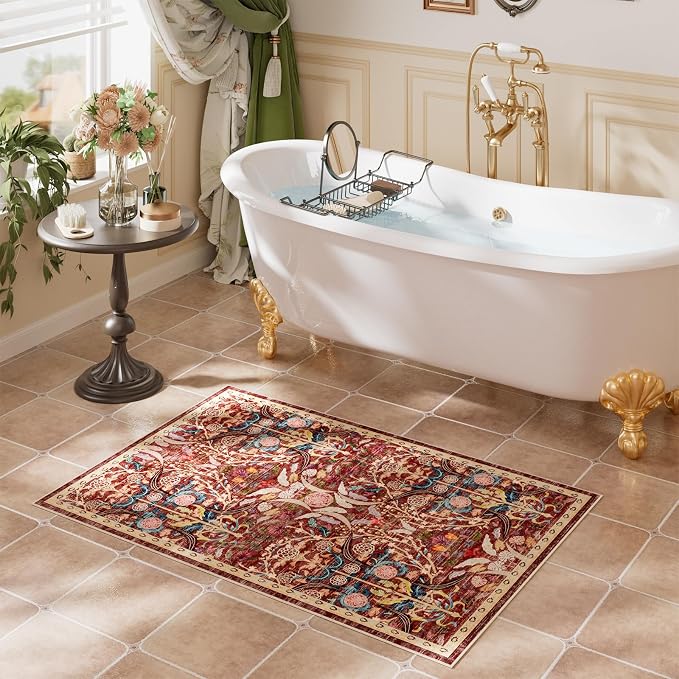 AMTOVO 2x3 Washable Indoor Welcome Door Mat, Vintage Boho Floral Distressed Print Non-Slip Area Rug, Small Throw Rugs for Entryway Indoor Entrance Kitchen Bathroom Laundry Bedroom Floor, Red