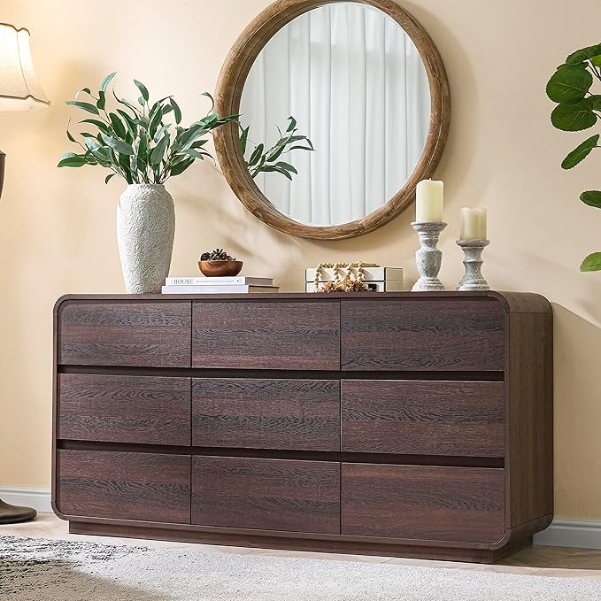 9 Drawer Double Dresser for Bedroom, Modern Curved Wood Chest Drawers of Handleless, Large Storage Dresser Bedroom, Living Room, Entryway, Walnut