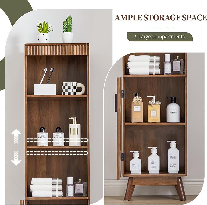Bifins 68" Tall Bathroom Storage Cabinet,Narrow Fluted Tower Cabinet with Door and Shelves,Slim Space Saving Storage Unit for Bathroom Kitchen Living Room (Walnut, 11.8" D x 15.75" W x 68" H)