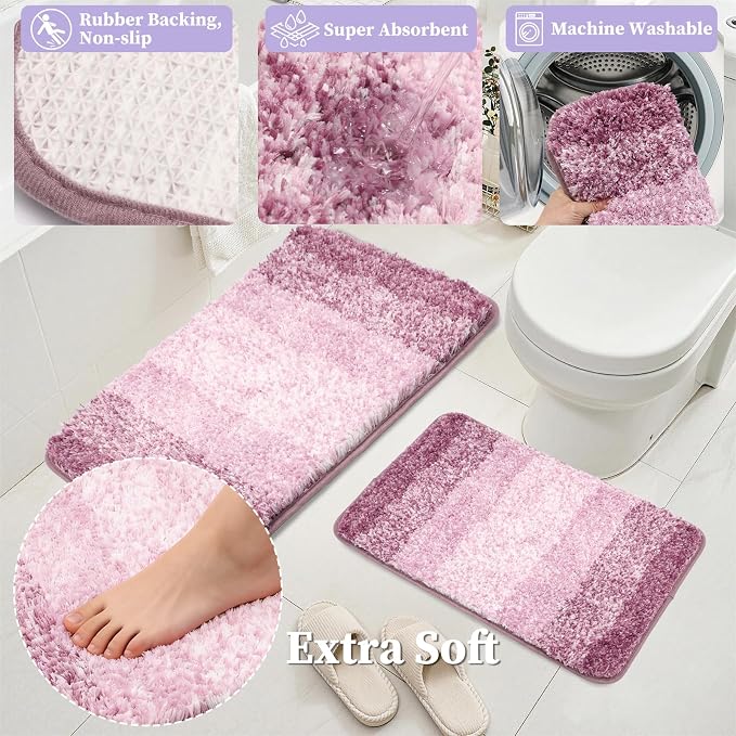 Bathroom Accessories Set, 25PCS Wicker Bathroom Accessory Set with Shower Curtain, Bath Mat, Soap Dispenser, Handwoven Trash Can & Rattan Tissue Box (Purple, Bath Set+Shower Curtain+Rugs)