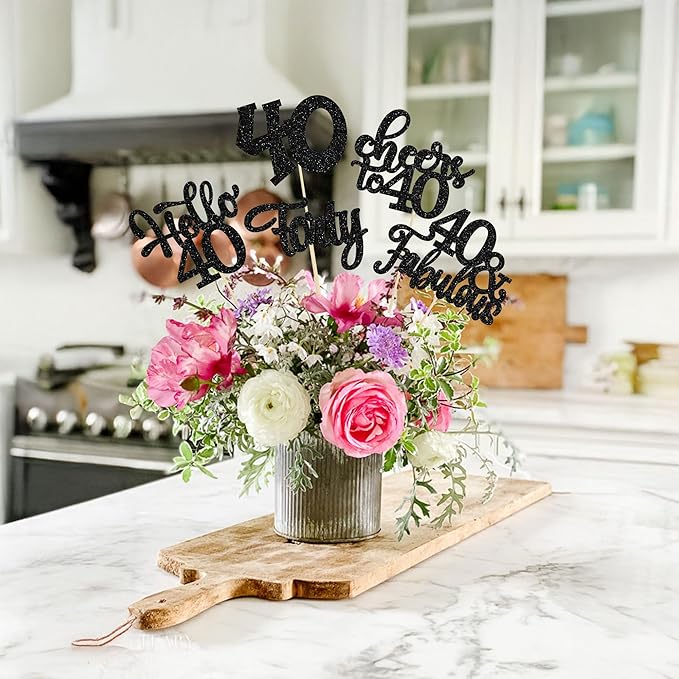 Gyufise 15Pcs 40th Birthday Centerpiece Sticks Forty Happy 40th Table Flower Centerpieces Sticks Cheers to 40 Floral Decorations for 40th Birthday Party Centerpieces Supplies Black