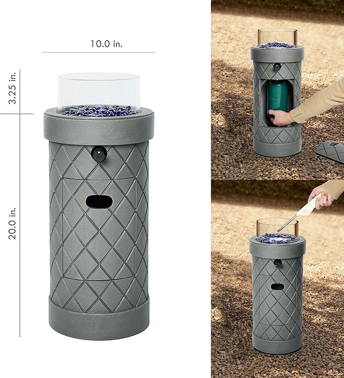 1 lb Column Propane Fire Pit, 10,000 BTU Gas Fire Pit, Outdoor Firepit for Patio w/Wind Glass Shield, Glass Rocks