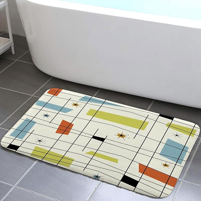 Mid Century Kitchen Rug Bath Rug, Aesthetic Abstract Geometric Mid Century Bath Mat Rug, Teal Blue Retro Grid Starbursts 1950S 1960S Modern Minimalist Floor rug mat for Kitchen/Bathroom,16X24Inch