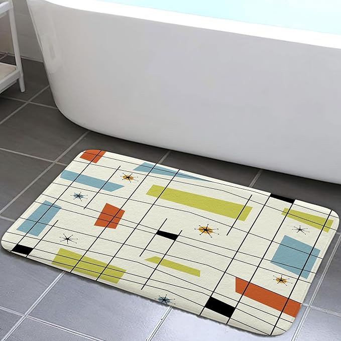 Mid Century Kitchen Rug Bath Rug, Aesthetic Abstract Geometric Mid Century Bath Mat Rug, Teal Blue Retro Grid Starbursts 1950S 1960S Modern Minimalist Floor rug mat for Kitchen/Bathroom,16X24Inch