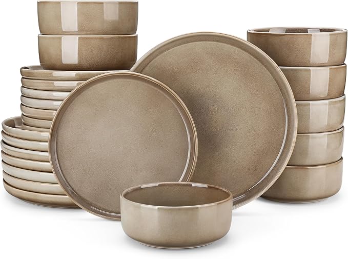 vancasso PLAYA Plates and Bowls Sets, 24 Pieces Dark Brown Dinnerware Sets for Kitchen, Reactive Glaze Dishes Set for 8, Dishwasher and Microwave Safe