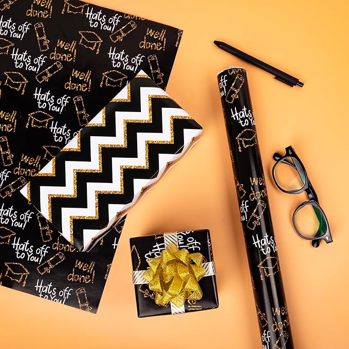 Altarho Reversible Graduation Wrapping Paper Set Rolls Black Gold Trencher Cap and Wavy Stripes Gift Wrap Sheets for Party Celebration Annusarily Back to School Total 28.5sq.ft