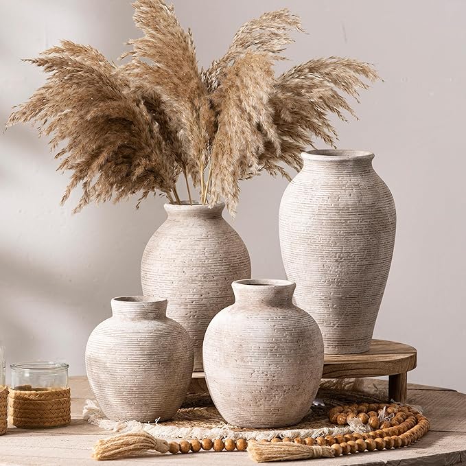 Vanselia Ceramic Flower Vase Home Decor - Large Farmhouse Table Vases Rustic Vintage Living Room Kitchen Bedroom Decorations for House Book Shelf Office Coffee Desk Dining Fireplace (9" Retro)