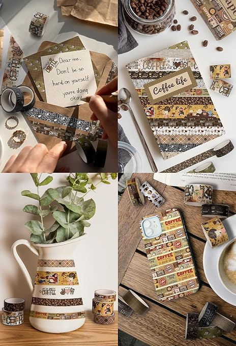 KOVANO Coffee Themed Washi Tape Set, 14 Rolls Vintage Crafts Tape, Art Decorative Tape for Scrapbooking Supplies, Junk Journal, Bullet Journaling, Vision Board Supplies