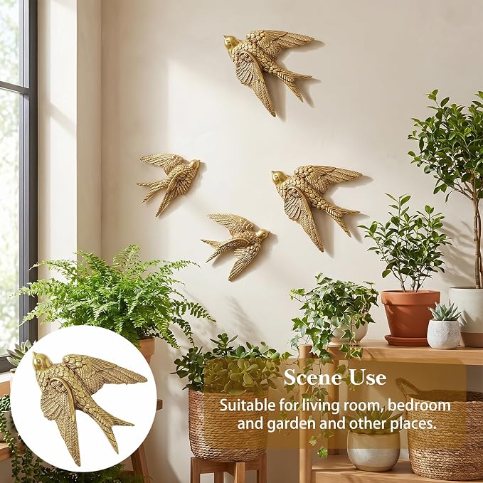 MAQUITA 4 Pcs Vintage Bird Wall Sculpture Decor Art, Antique Gold 3D Swallow Resin Wall Decor, Small Bird Walls Decors for Living Room, Bedroom, Gallery, and Garden (2 Large & 2 Small)