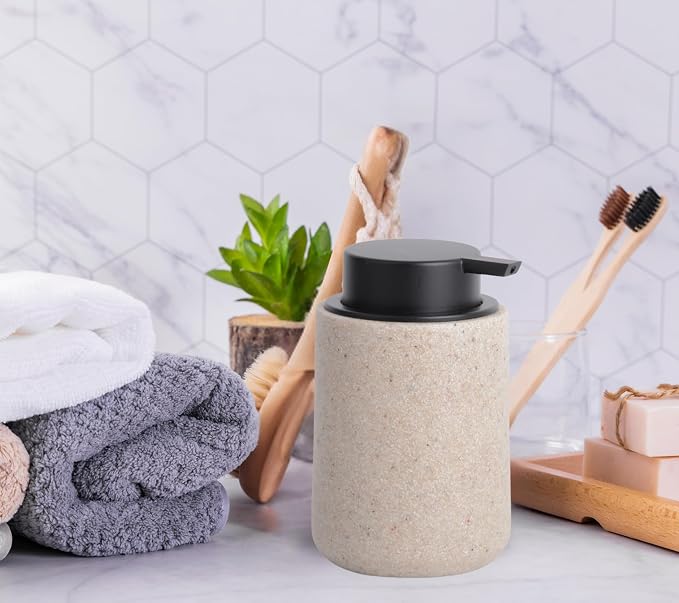 Clasin Home Resin Hand Soap Dispenser Easy-to-Press Liquid Pump, Refillable Soap Dispenser with Sandstone Like Finish, Waterproof Bottle Labels for Bathroom Kitchen Dish Lotion (Beige,10 oz)