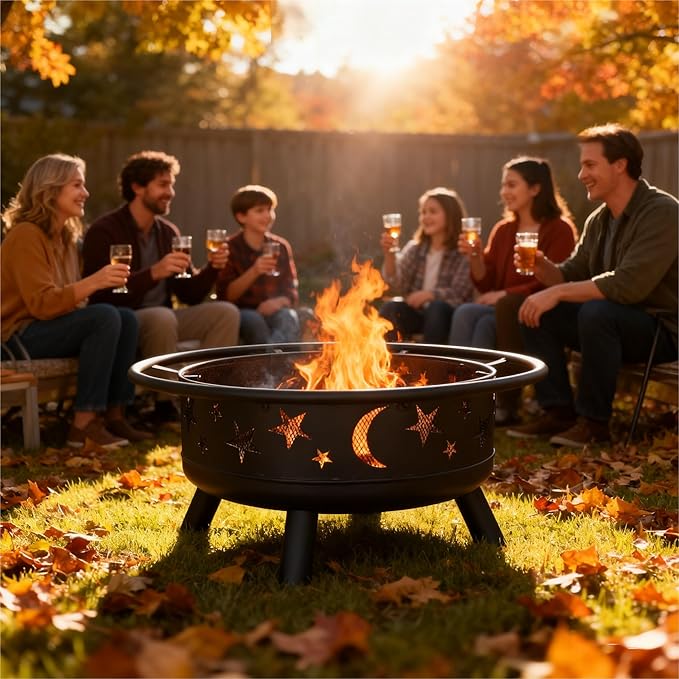 Grovelli 38" Round Wood Burning Fire Pit with Mesh Cover, Fire Poker, Star & Moon Cutouts, Metal Outdoor Firepit for Patio, Backyard, Garden, Bonfire, Camping, Christmas, Thanksgiving, Halloween