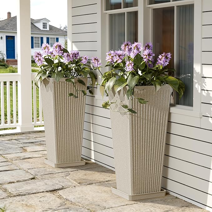 Square Tall Planters for Outdoor Plants Set of 2-23.6" Heavy-Duty Classic Tapered Indoor Flower Pots with Drainage Holes/Partition/Tray, Large Outdoor Planters for Porch Patio Garden, Beige