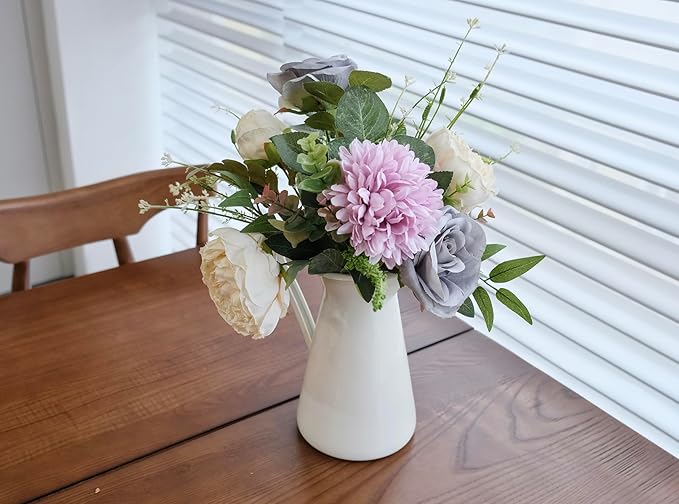 2Pcs Artificial Flower Bouquets Decoration, Faux Floral Arrangement Table Centerpiece Home Farmhouse Indoor Decor, Wedding Bride Bouquet, Mixed Fake Flower Picks for Vase/Pot (Blue/Purple/Cream/Green)