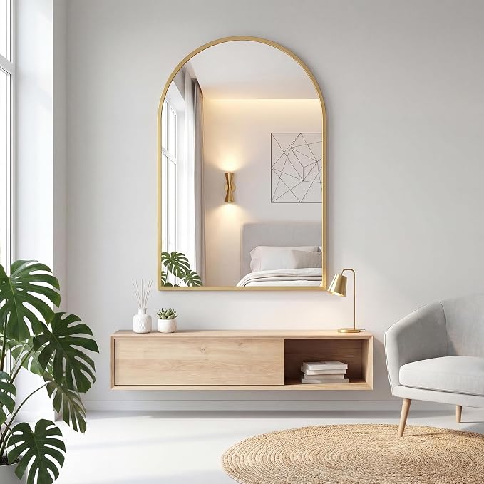 Arched Gold Bathroom Mirrors for Wall, 26x38-Inch Bathroom Mirror for Over Sink, Wall Vanity Mirror with Matte Metal Frame and HD Shatter-Proof Glass for Entryway, Living Room, Bedroom